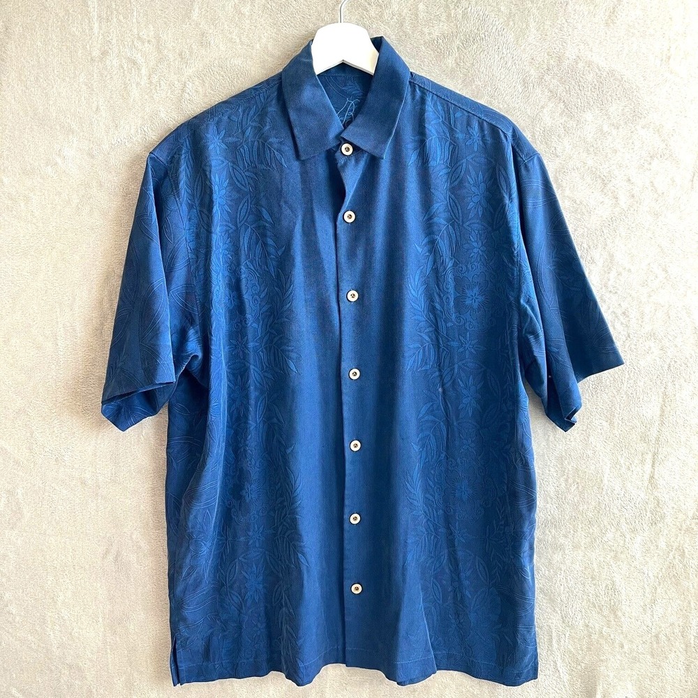 Tommy Bahama Bali Border Camp Shirt 100% Silk Size Medium Blue